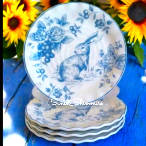 4pc Maxcera Blue Toile Easter Bunny Rabbit Scalloped Cabbage Rose Salad Plates - Picture 1 of 3